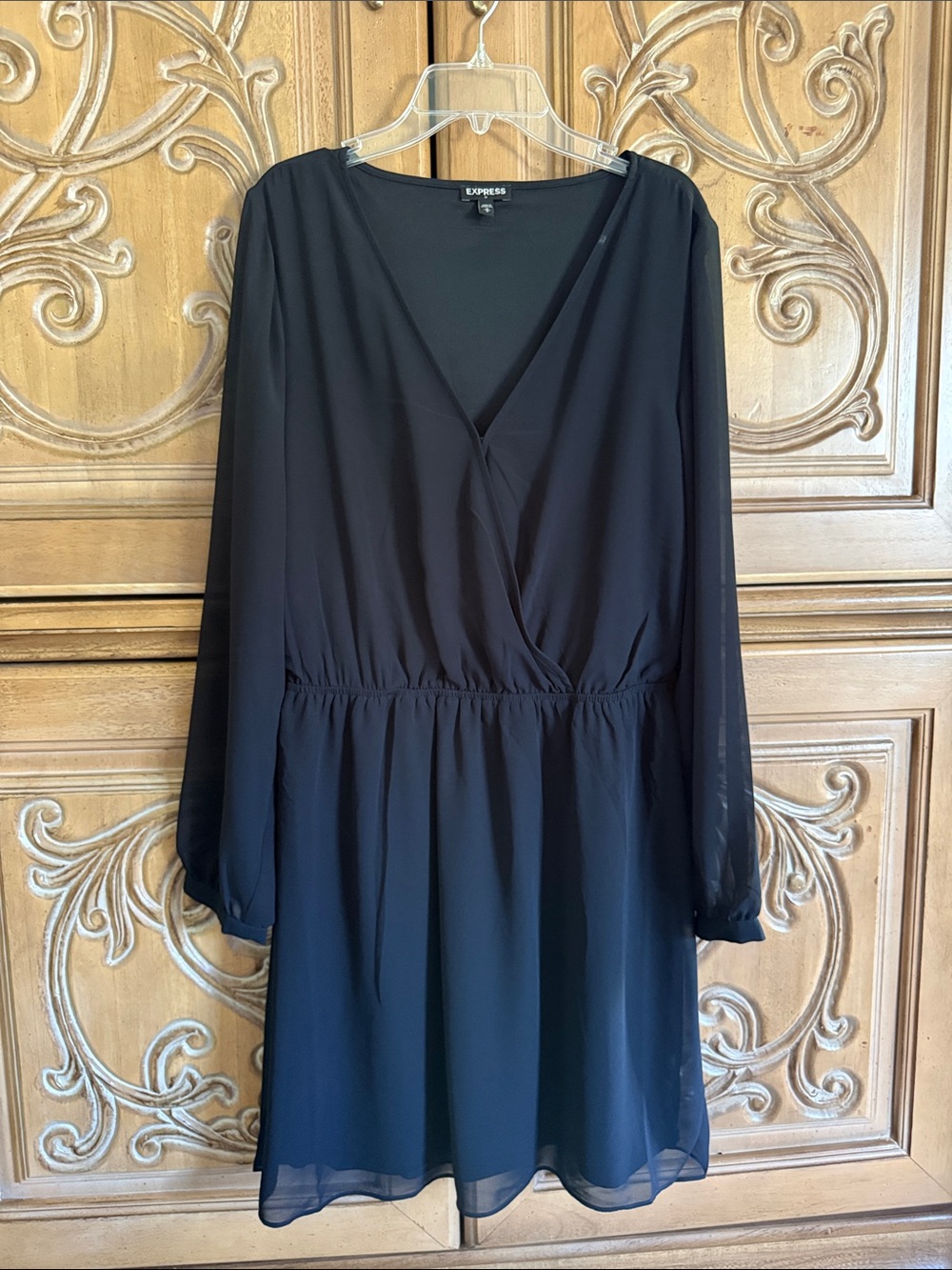 Express Black Long-Sleeve Faux Wrap Mini Dress